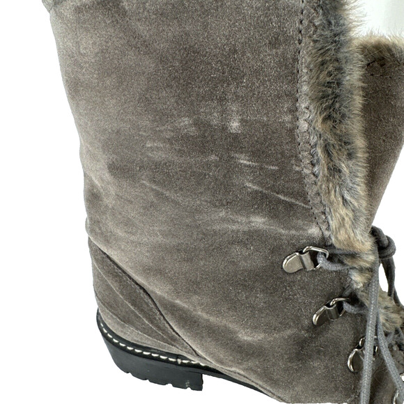 Stuart Weitzman Designer Gray Suede Faux Fur Lined Boots 7.5 Combat Mark on Toe - Picture 11 of 12